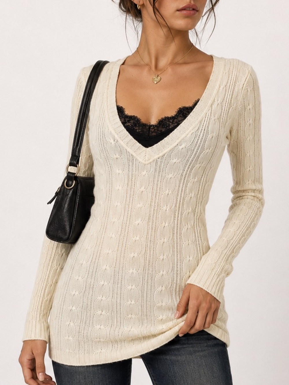 Active Basic Vintage Y2K Cream Cable Knit Sweater Bodycon V-Neck Small